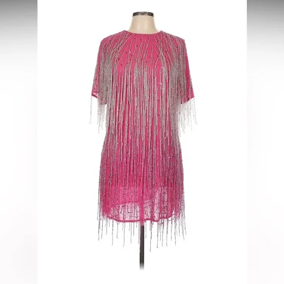 knee length dresses for ladies Beaded Fringe Gradation Mini Dress Pink